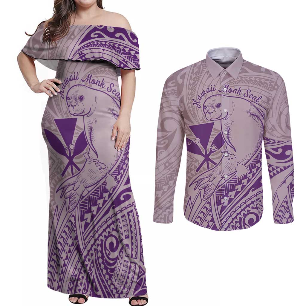 Hawaii Monk Seal and Map Couples Matching Off Shoulder Maxi Dress and Long Sleeve Button Shirt Polynesian Kanaka Maoli Violet Vibe LT9 Violet - Polynesian Pride