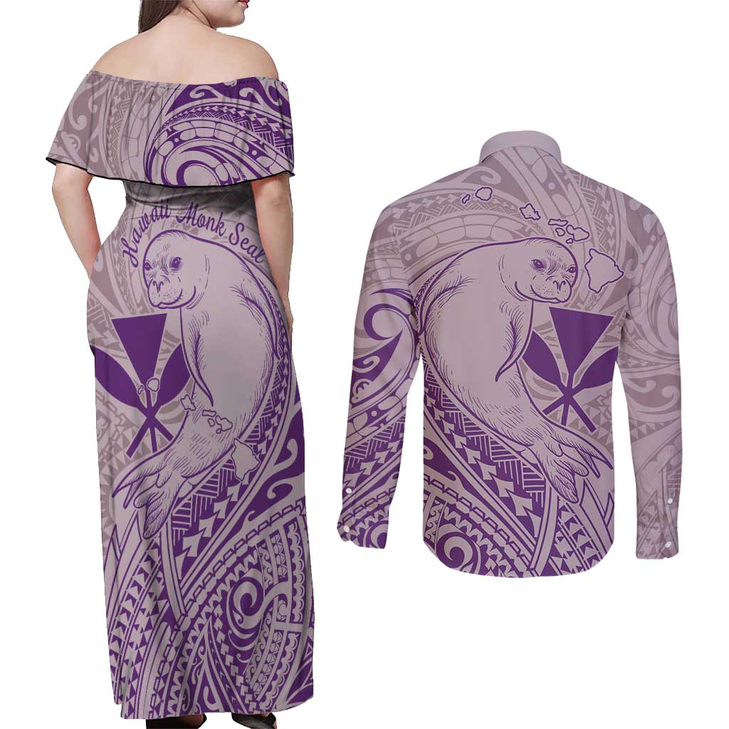 Hawaii Monk Seal and Map Couples Matching Off Shoulder Maxi Dress and Long Sleeve Button Shirt Polynesian Kanaka Maoli Violet Vibe LT9 - Polynesian Pride