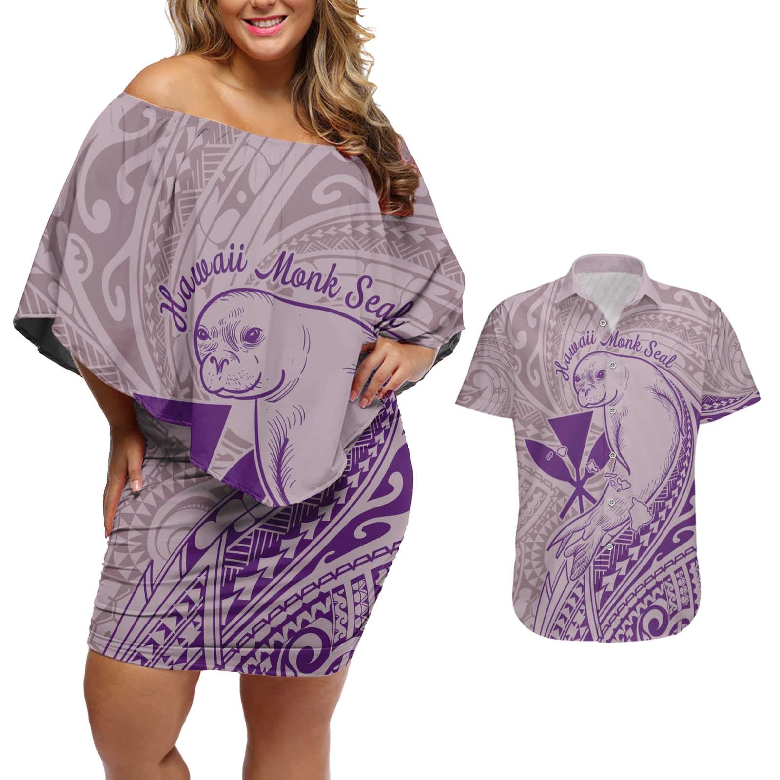 Hawaii Monk Seal and Map Couples Matching Off Shoulder Short Dress and Hawaiian Shirt Polynesian Kanaka Maoli Violet Vibe LT9 Violet - Polynesian Pride