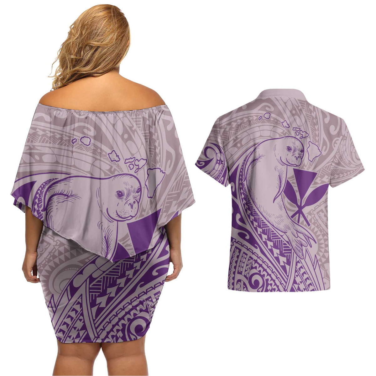 Hawaii Monk Seal and Map Couples Matching Off Shoulder Short Dress and Hawaiian Shirt Polynesian Kanaka Maoli Violet Vibe LT9 - Polynesian Pride