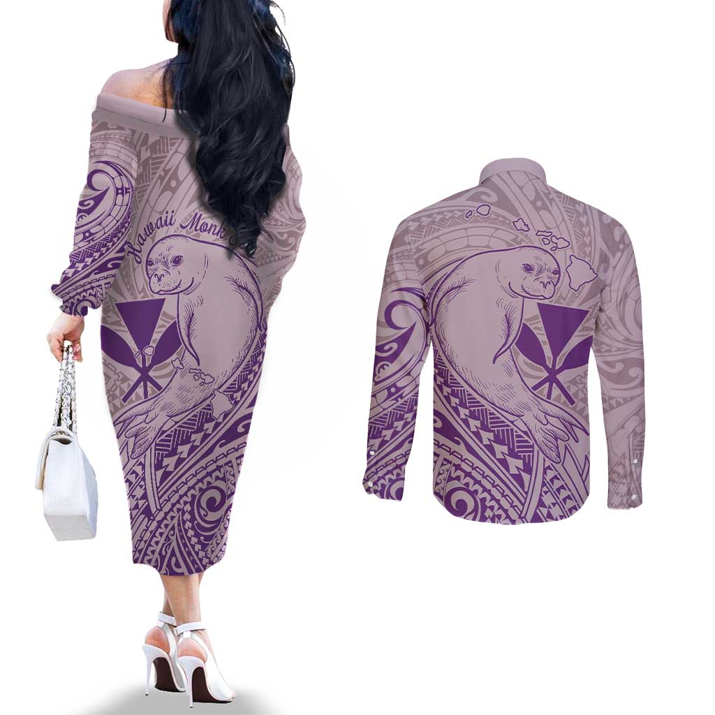 Hawaii Monk Seal and Map Couples Matching Off The Shoulder Long Sleeve Dress and Long Sleeve Button Shirt Polynesian Kanaka Maoli Violet Vibe LT9 - Polynesian Pride
