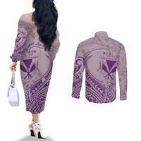 Hawaii Monk Seal and Map Couples Matching Off The Shoulder Long Sleeve Dress and Long Sleeve Button Shirt Polynesian Kanaka Maoli Violet Vibe LT9 - Polynesian Pride