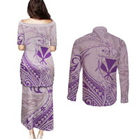 Hawaii Monk Seal and Map Couples Matching Puletasi and Long Sleeve Button Shirt Polynesian Kanaka Maoli Violet Vibe LT9 - Polynesian Pride