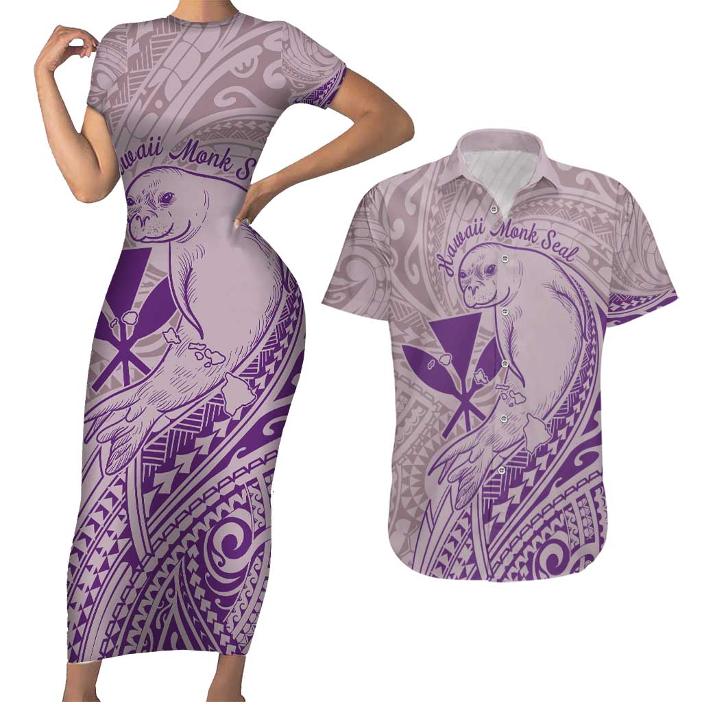 Hawaii Monk Seal and Map Couples Matching Short Sleeve Bodycon Dress and Hawaiian Shirt Polynesian Kanaka Maoli Violet Vibe