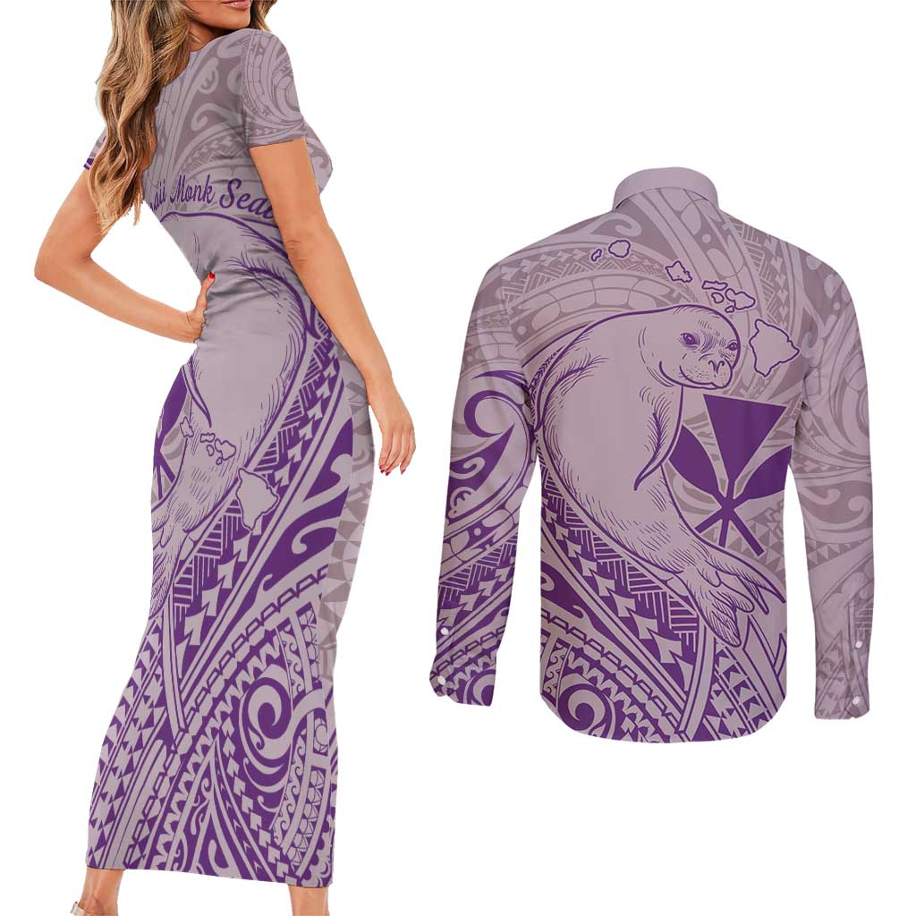 Hawaii Monk Seal and Map Couples Matching Short Sleeve Bodycon Dress and Long Sleeve Button Shirt Polynesian Kanaka Maoli Violet Vibe LT9 - Polynesian Pride