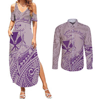 Hawaii Monk Seal and Map Couples Matching Summer Maxi Dress and Long Sleeve Button Shirt Polynesian Kanaka Maoli Violet Vibe LT9 Violet - Polynesian Pride