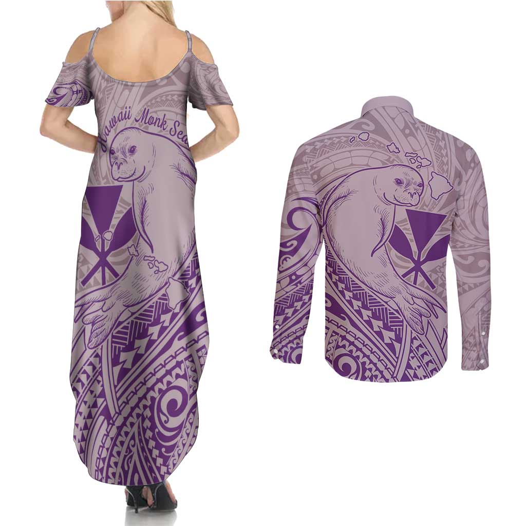 Hawaii Monk Seal and Map Couples Matching Summer Maxi Dress and Long Sleeve Button Shirt Polynesian Kanaka Maoli Violet Vibe LT9 - Polynesian Pride