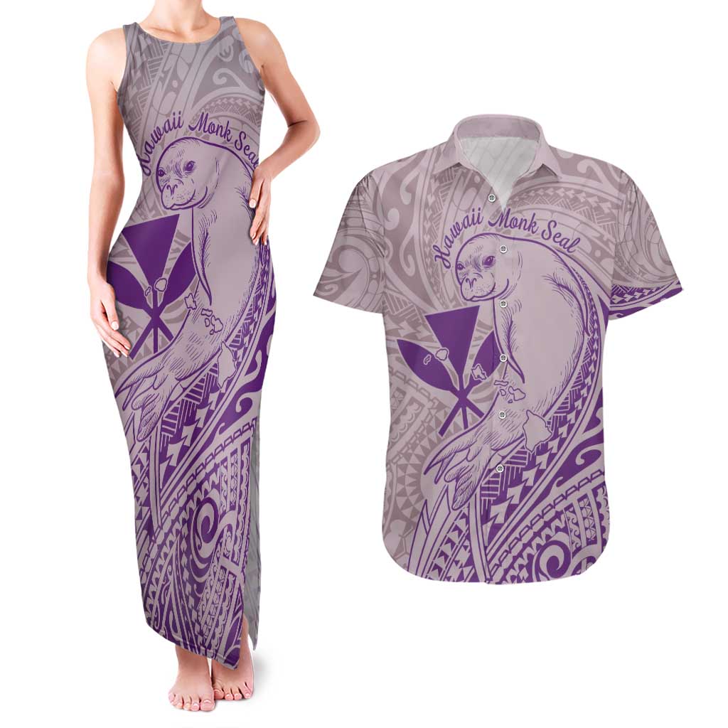 Hawaii Monk Seal and Map Couples Matching Tank Maxi Dress and Hawaiian Shirt Polynesian Kanaka Maoli Violet Vibe LT9 Violet - Polynesian Pride