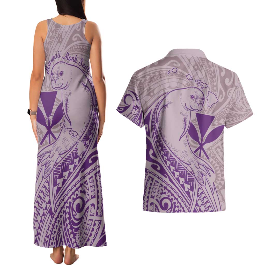 Hawaii Monk Seal and Map Couples Matching Tank Maxi Dress and Hawaiian Shirt Polynesian Kanaka Maoli Violet Vibe LT9 - Polynesian Pride