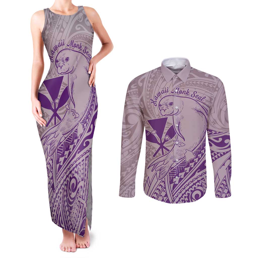 Hawaii Monk Seal and Map Couples Matching Tank Maxi Dress and Long Sleeve Button Shirt Polynesian Kanaka Maoli Violet Vibe LT9 Violet - Polynesian Pride