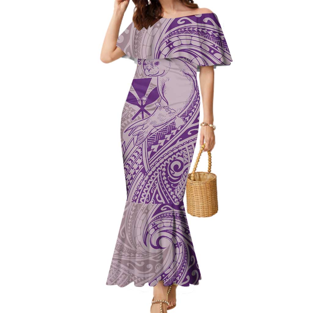 Hawaii Monk Seal and Map Family Matching Mermaid Dress and Hawaiian Shirt Polynesian Kanaka Maoli Violet Vibe LT9 Mom's Dress Violet - Polynesian Pride