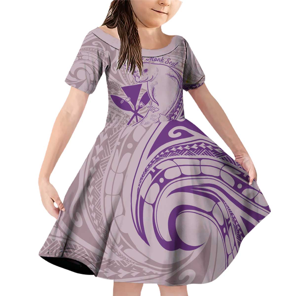 Hawaii Monk Seal and Map Family Matching Off Shoulder Short Dress and Hawaiian Shirt Polynesian Kanaka Maoli Violet Vibe LT9 Daughter's Dress Violet - Polynesian Pride