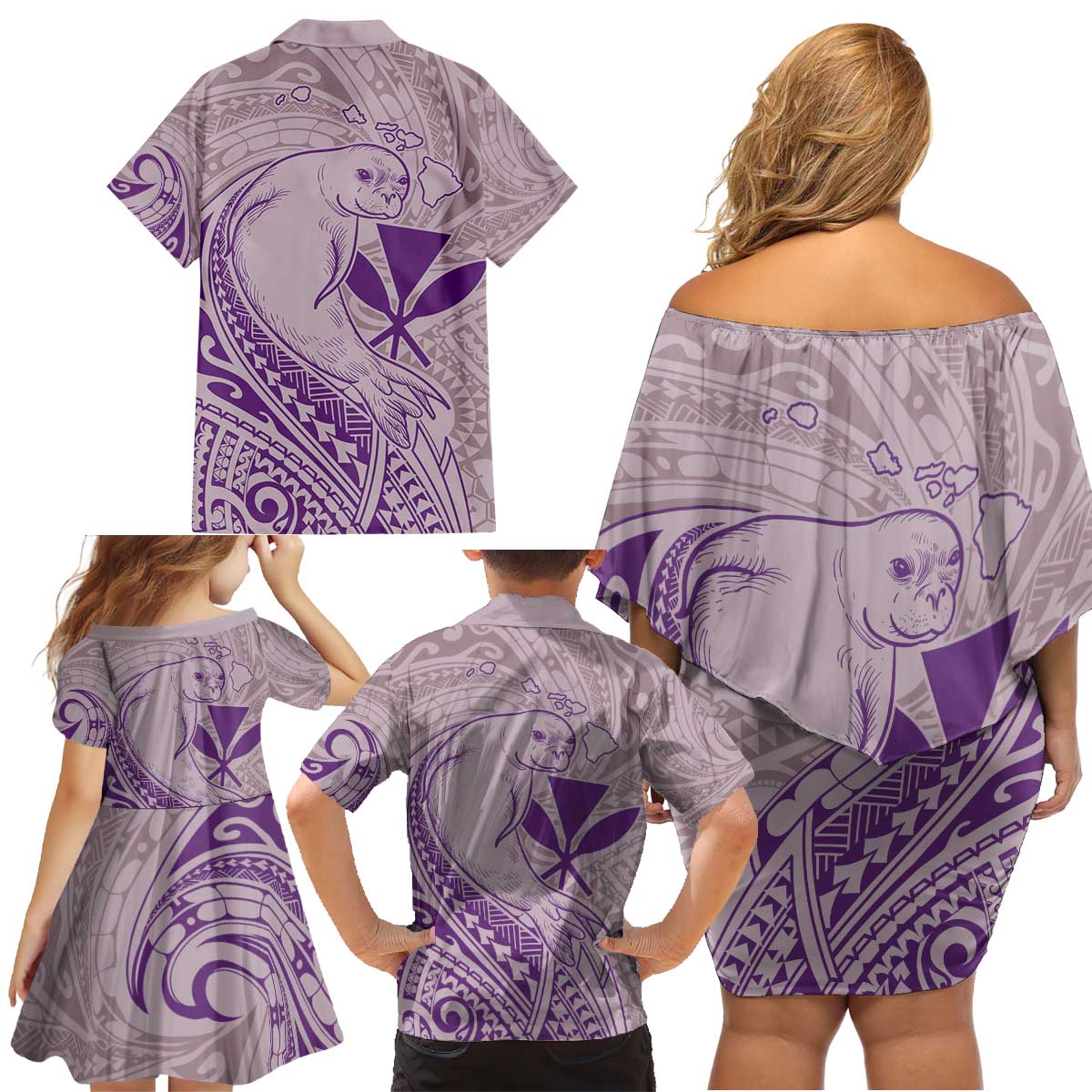 Hawaii Monk Seal and Map Family Matching Off Shoulder Short Dress and Hawaiian Shirt Polynesian Kanaka Maoli Violet Vibe LT9 - Polynesian Pride