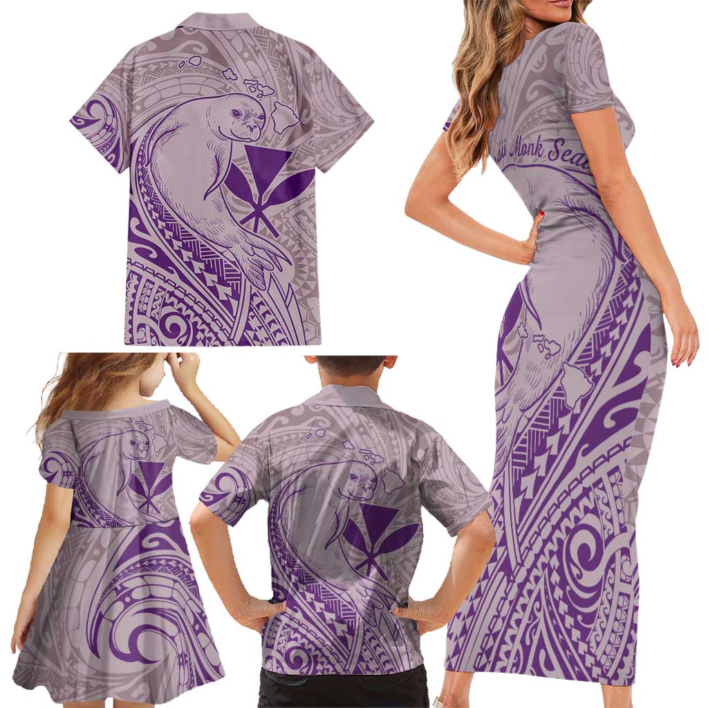 Hawaii Monk Seal and Map Family Matching Short Sleeve Bodycon Dress and Hawaiian Shirt Polynesian Kanaka Maoli Violet Vibe LT9 - Polynesian Pride