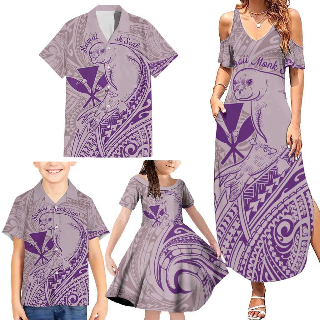 Hawaii Monk Seal and Map Family Matching Summer Maxi Dress and Hawaiian Shirt Polynesian Kanaka Maoli Violet Vibe LT9 - Polynesian Pride