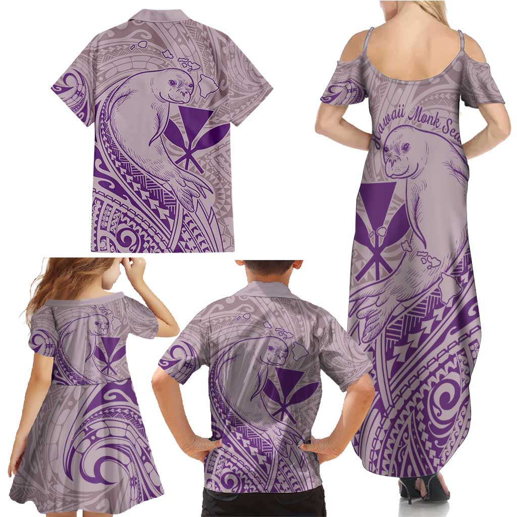 Hawaii Monk Seal and Map Family Matching Summer Maxi Dress and Hawaiian Shirt Polynesian Kanaka Maoli Violet Vibe LT9 - Polynesian Pride