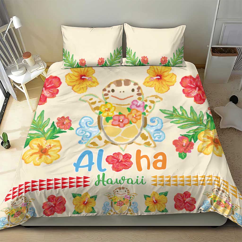 Kawaii Turtle Bedding Set Aloha Hibiscus Flowers