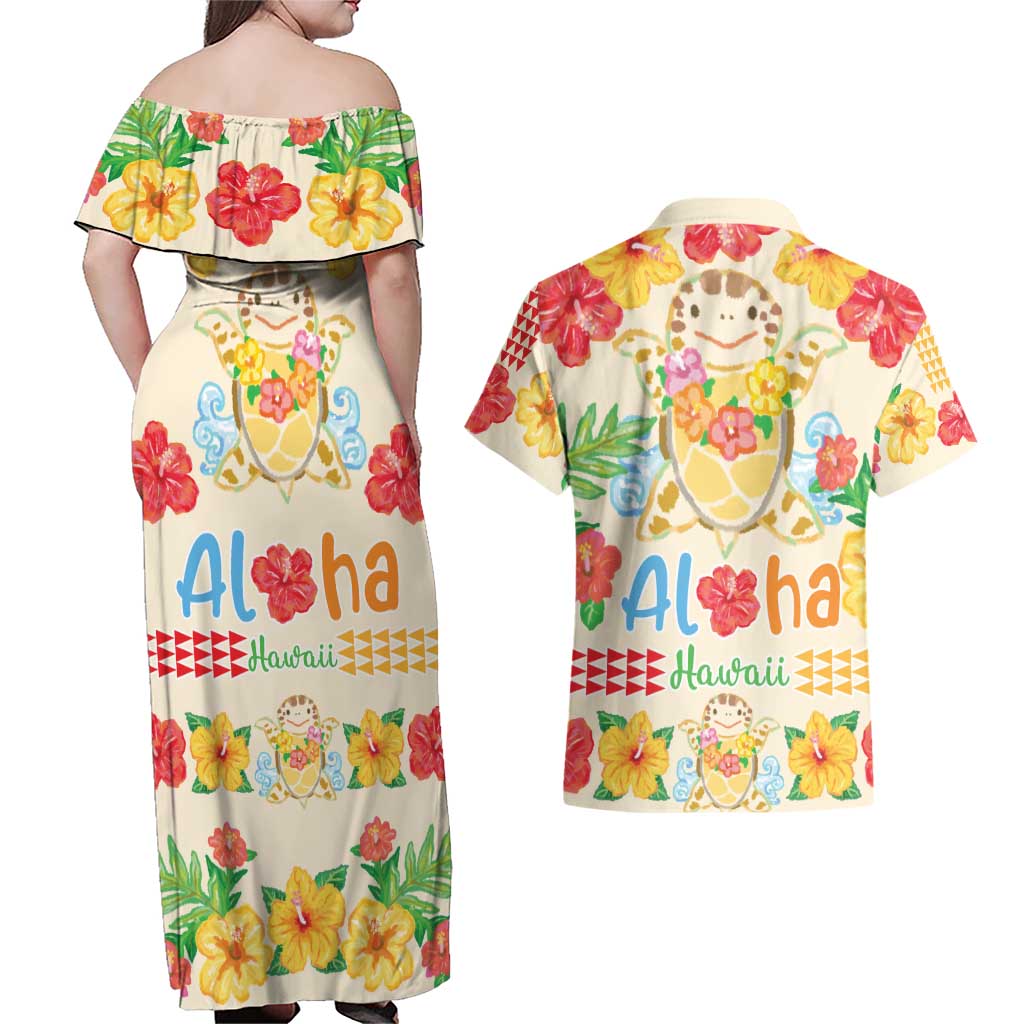 Kawaii Turtle Couples Matching Off Shoulder Maxi Dress and Hawaiian Shirt Aloha Hibiscus Flowers