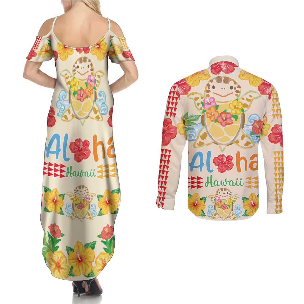 Kawaii Turtle Couples Matching Summer Maxi Dress and Long Sleeve Button Shirt Aloha Hibiscus Flowers