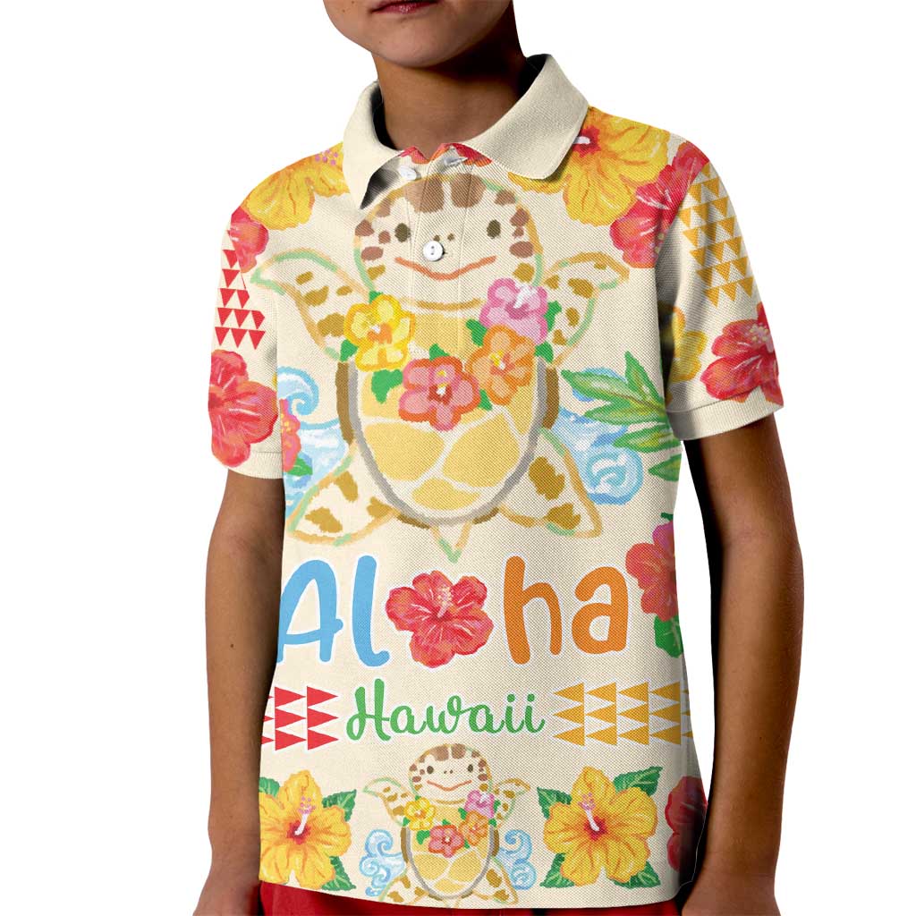 Kawaii Turtle Kid Polo Shirt Aloha Hibiscus Flowers LT9 Kid Beige - Polynesian Pride