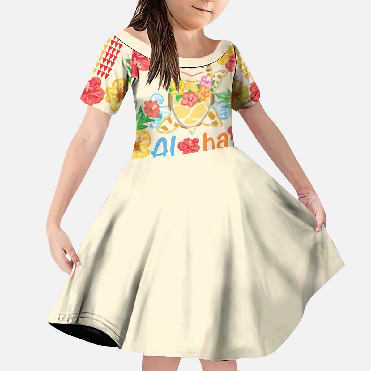 Kawaii Turtle Kid Short Sleeve Dress Aloha Hibiscus Flowers LT9 KID Beige - Polynesian Pride