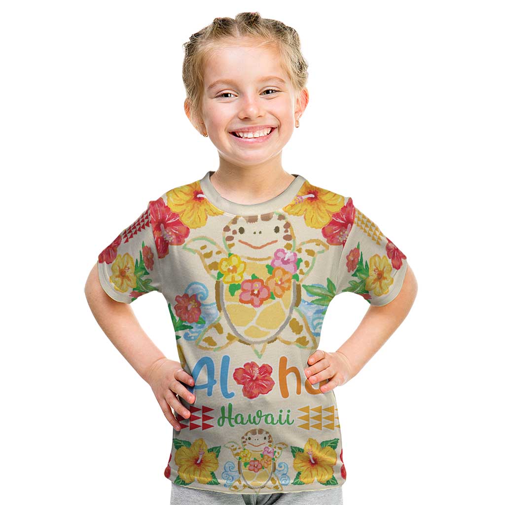 Kawaii Turtle Kid T Shirt Aloha Hibiscus Flowers LT9 Beige - Polynesian Pride