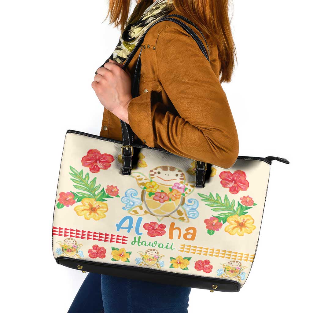 Kawaii Turtle Leather Tote Bag Aloha Hibiscus Flowers LT9 Beige - Polynesian Pride