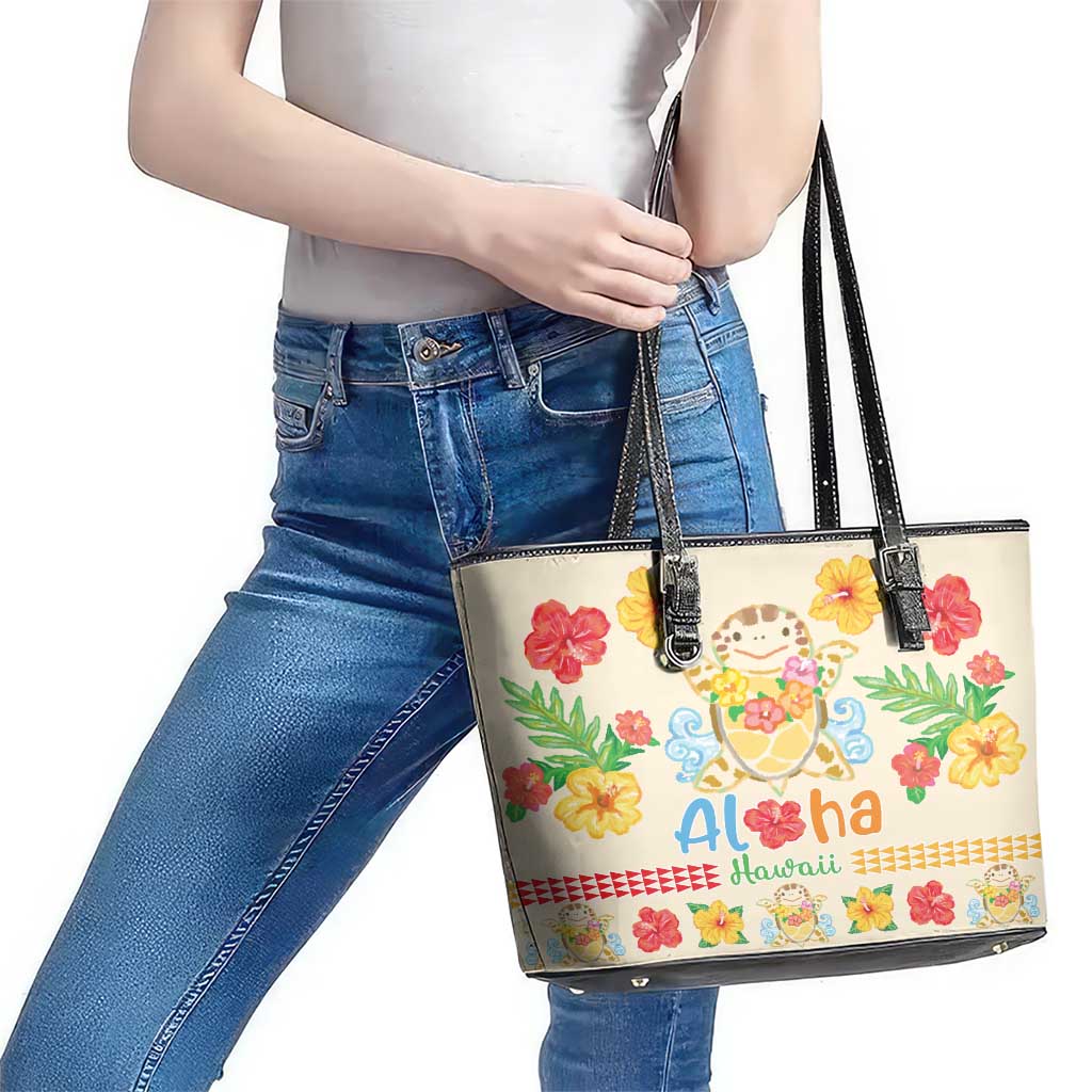 Kawaii Turtle Leather Tote Bag Aloha Hibiscus Flowers LT9 - Polynesian Pride