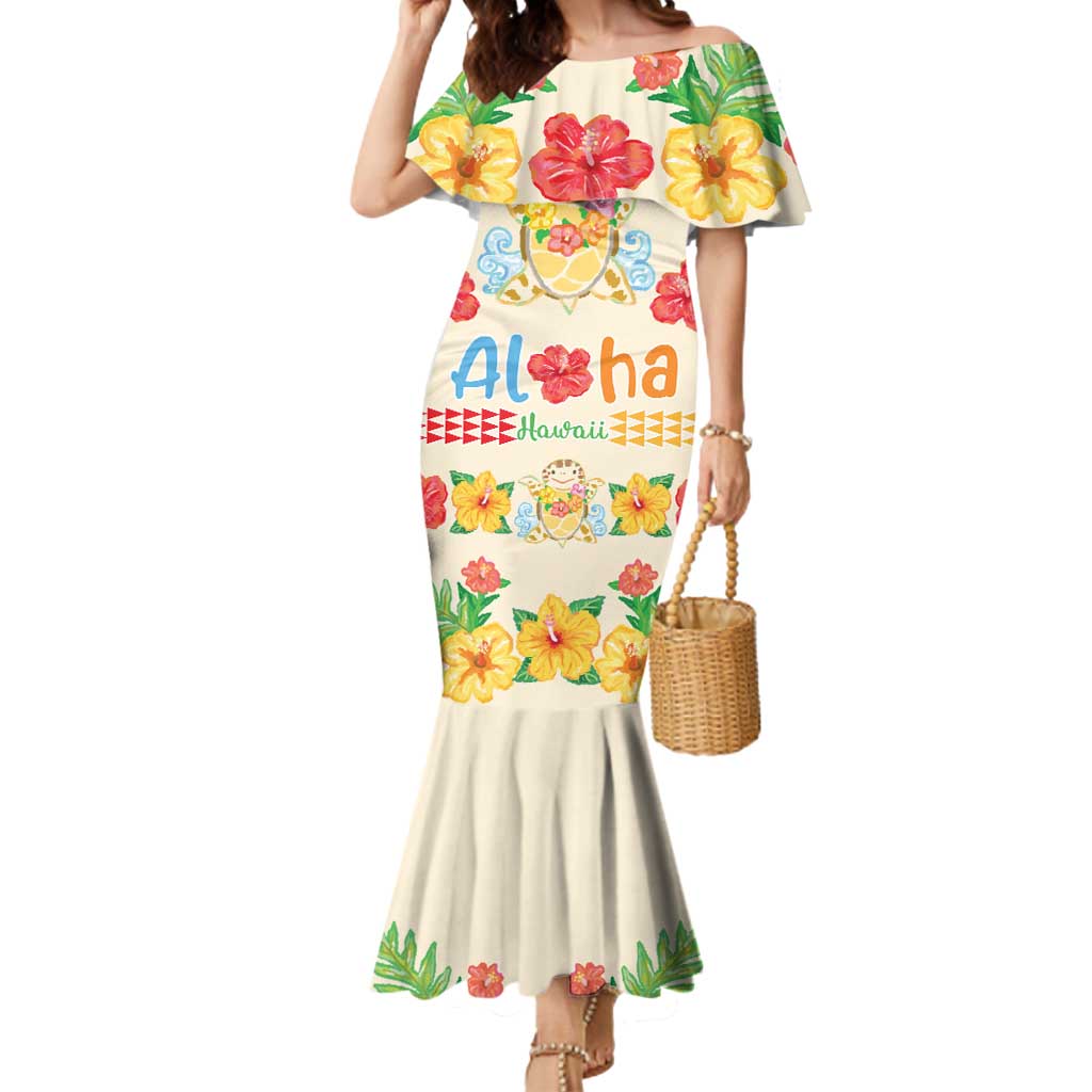 Kawaii Turtle Mermaid Dress Aloha Hibiscus Flowers LT9 Women Beige - Polynesian Pride
