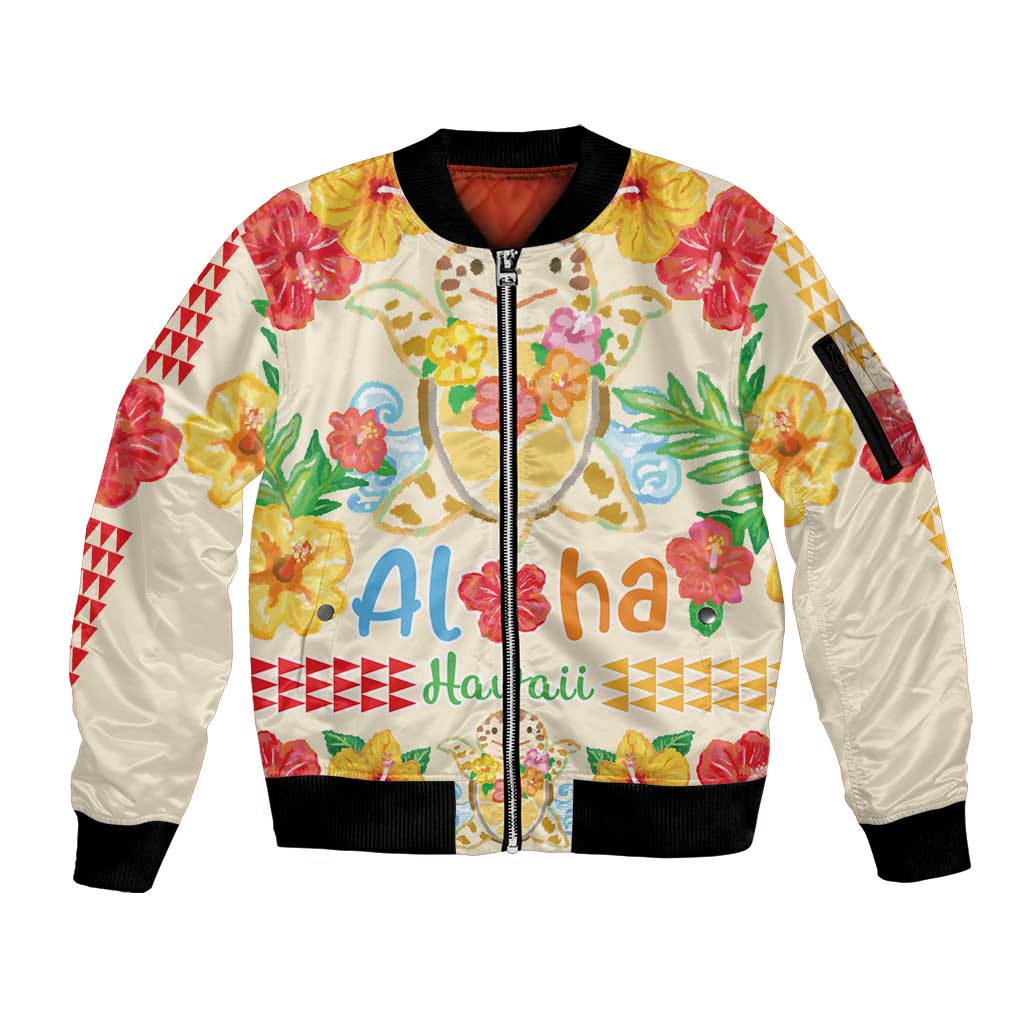 Kawaii Turtle Sleeve Zip Bomber Jacket Aloha Hibiscus Flowers