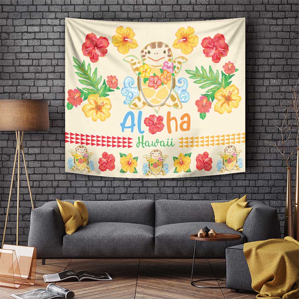 Kawaii Turtle Tapestry Aloha Hibiscus Flowers