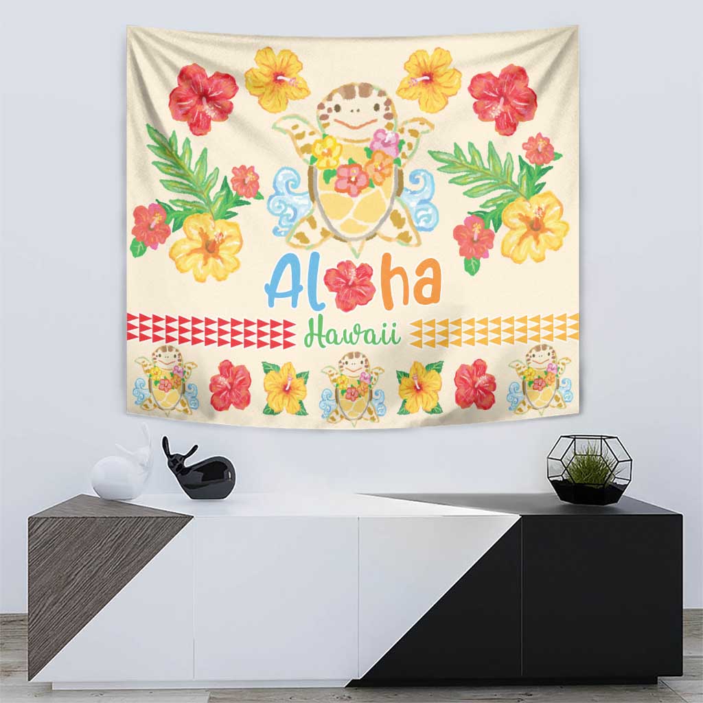 Kawaii Turtle Tapestry Aloha Hibiscus Flowers