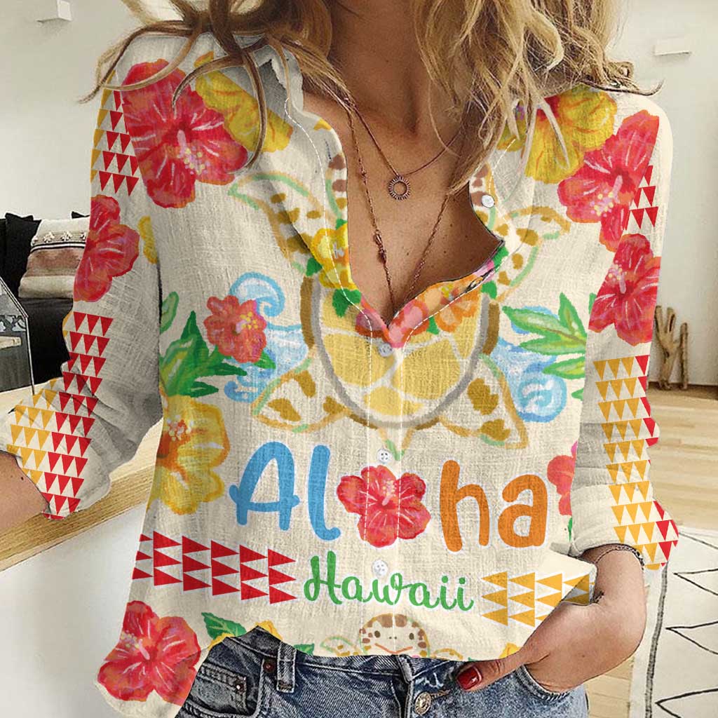 Kawaii Turtle Women Casual Shirt Aloha Hibiscus Flowers LT9 Female Beige - Polynesian Pride