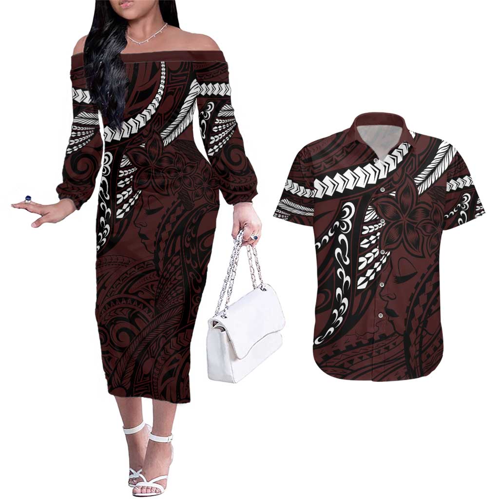 Polynesian Girl Tribal Tattoo Couples Matching Off The Shoulder Long Sleeve Dress and Hawaiian Shirt Oxbood Vibe