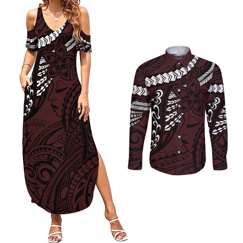 Polynesian Girl Tribal Tattoo Couples Matching Summer Maxi Dress and Long Sleeve Button Shirt Oxbood Vibe LT9 Oxblood - Polynesian Pride