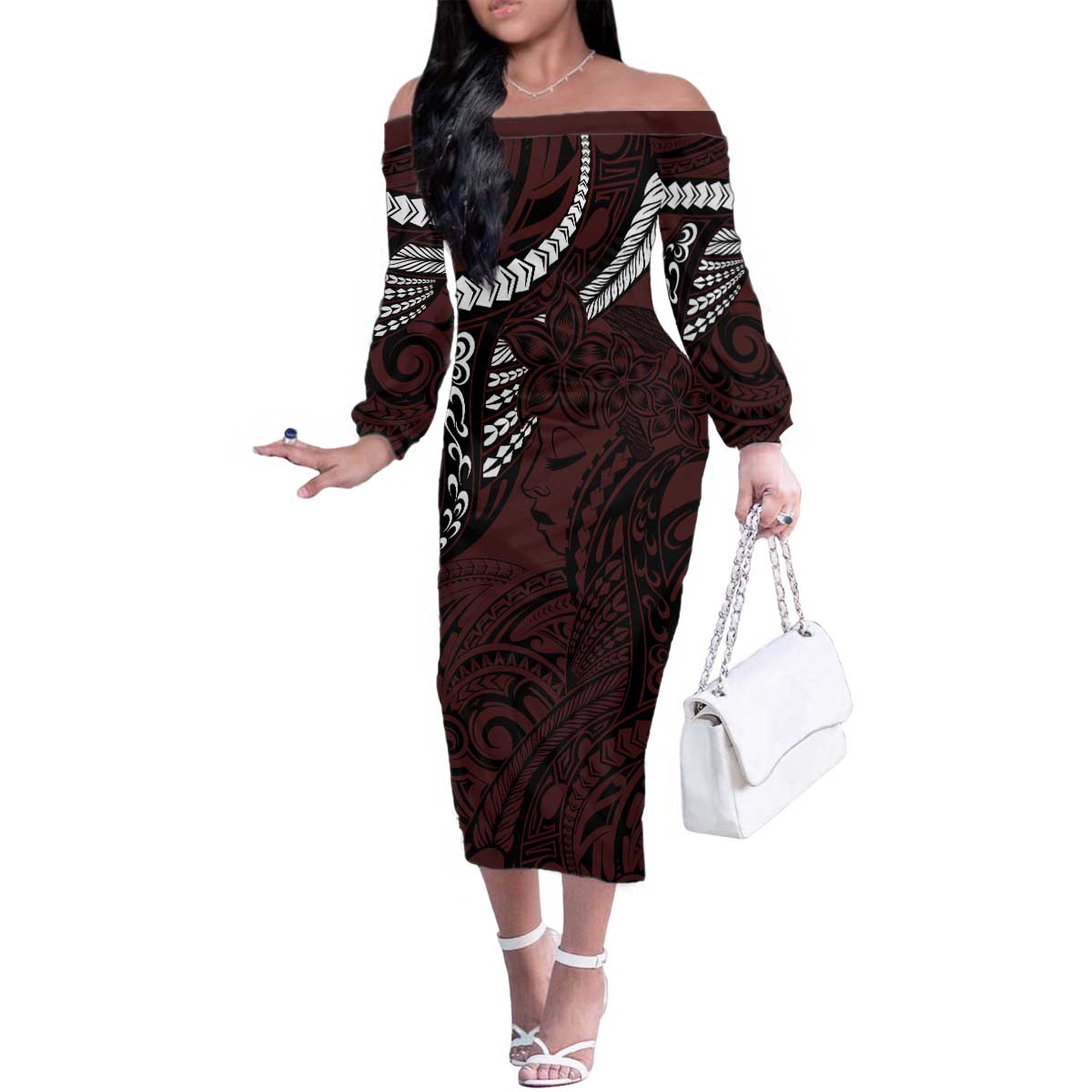 Polynesian Girl Tribal Tattoo Family Matching Off The Shoulder Long Sleeve Dress and Hawaiian Shirt Oxbood Vibe