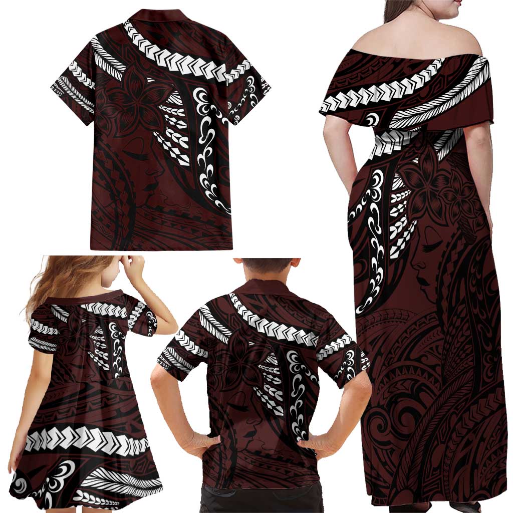 Polynesian Girl Tribal Tattoo Family Matching Off Shoulder Maxi Dress and Hawaiian Shirt Oxbood Vibe LT9 - Polynesian Pride