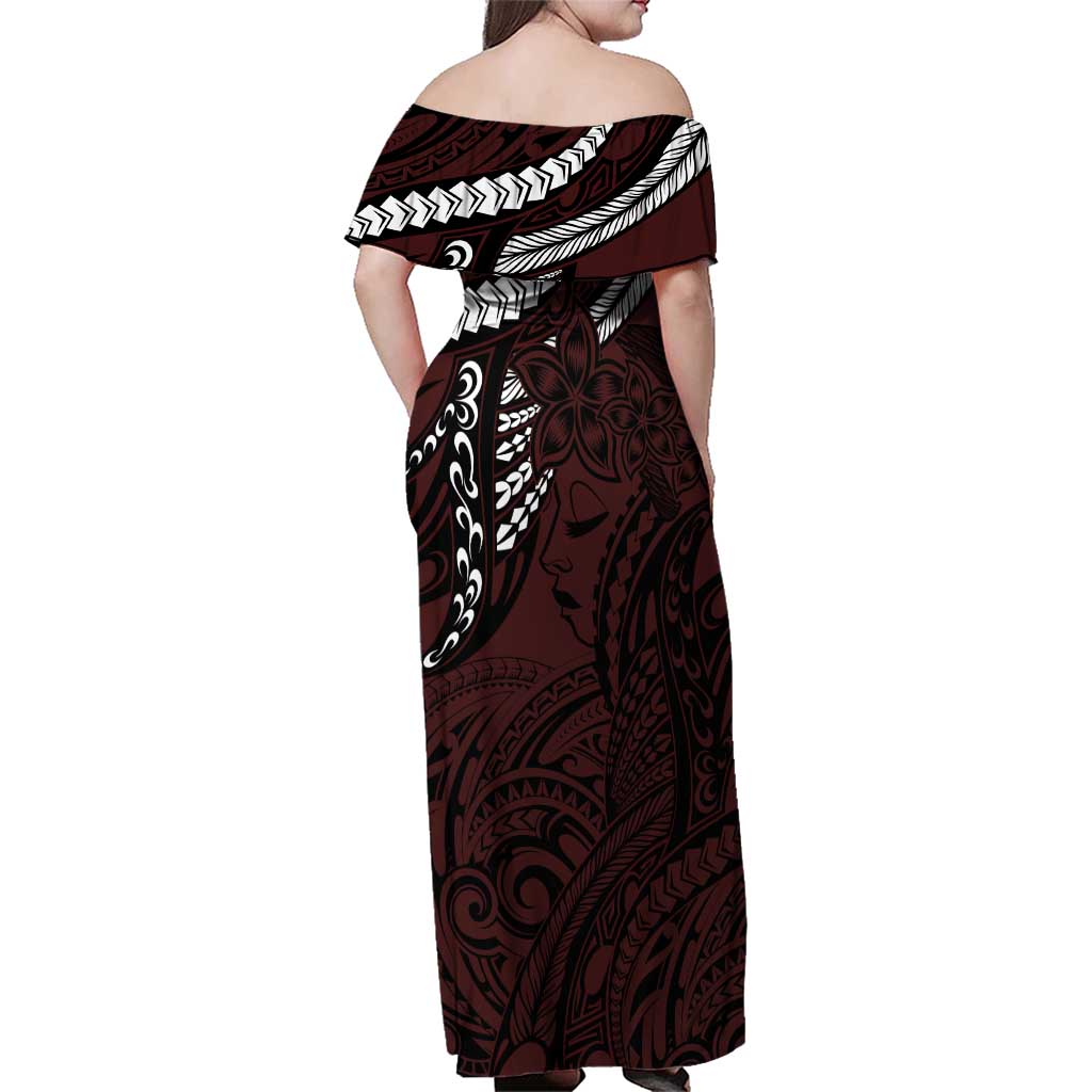 Polynesian Girl Tribal Tattoo Family Matching Off Shoulder Maxi Dress and Hawaiian Shirt Oxbood Vibe LT9 - Polynesian Pride