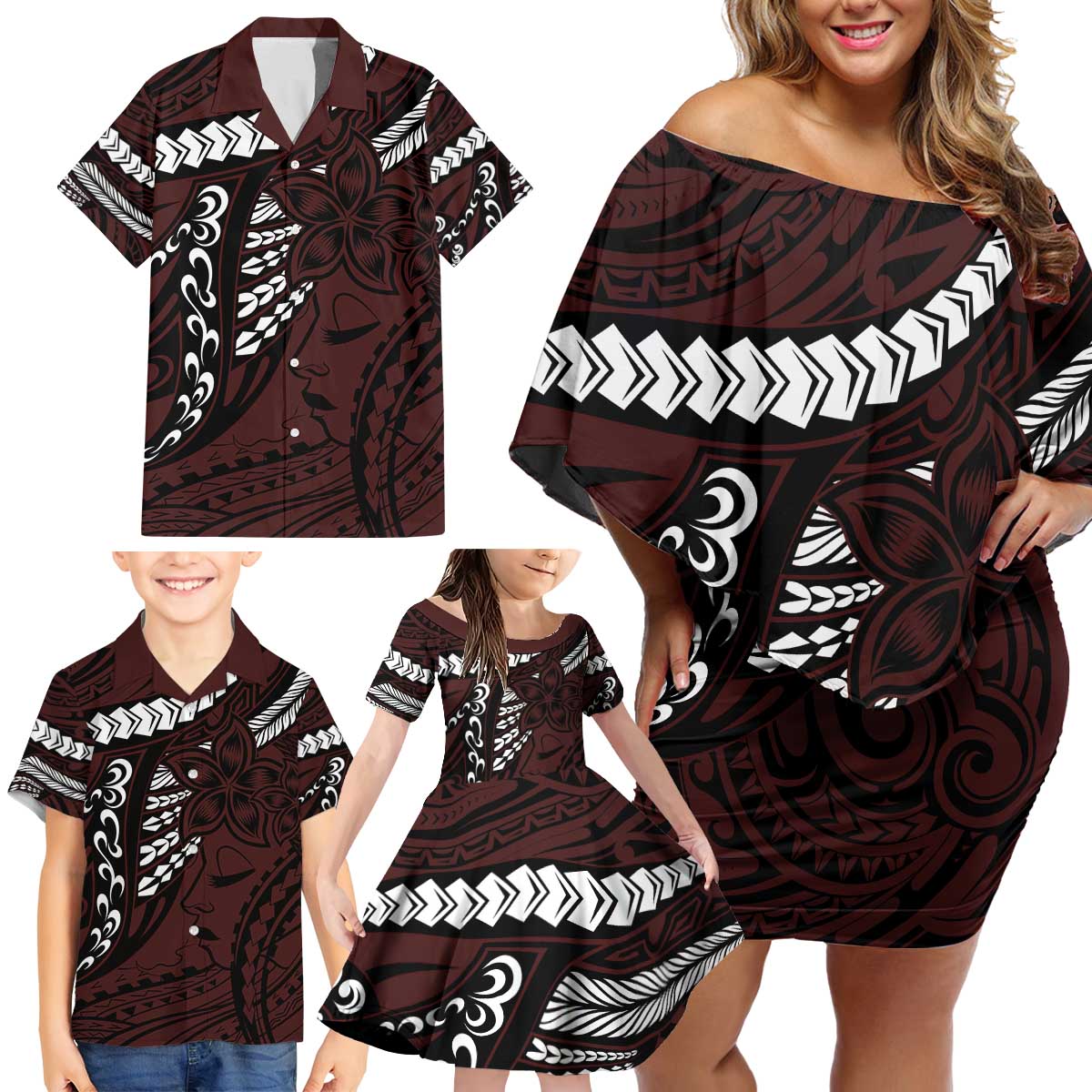 Polynesian Girl Tribal Tattoo Family Matching Off Shoulder Short Dress and Hawaiian Shirt Oxbood Vibe LT9 - Polynesian Pride