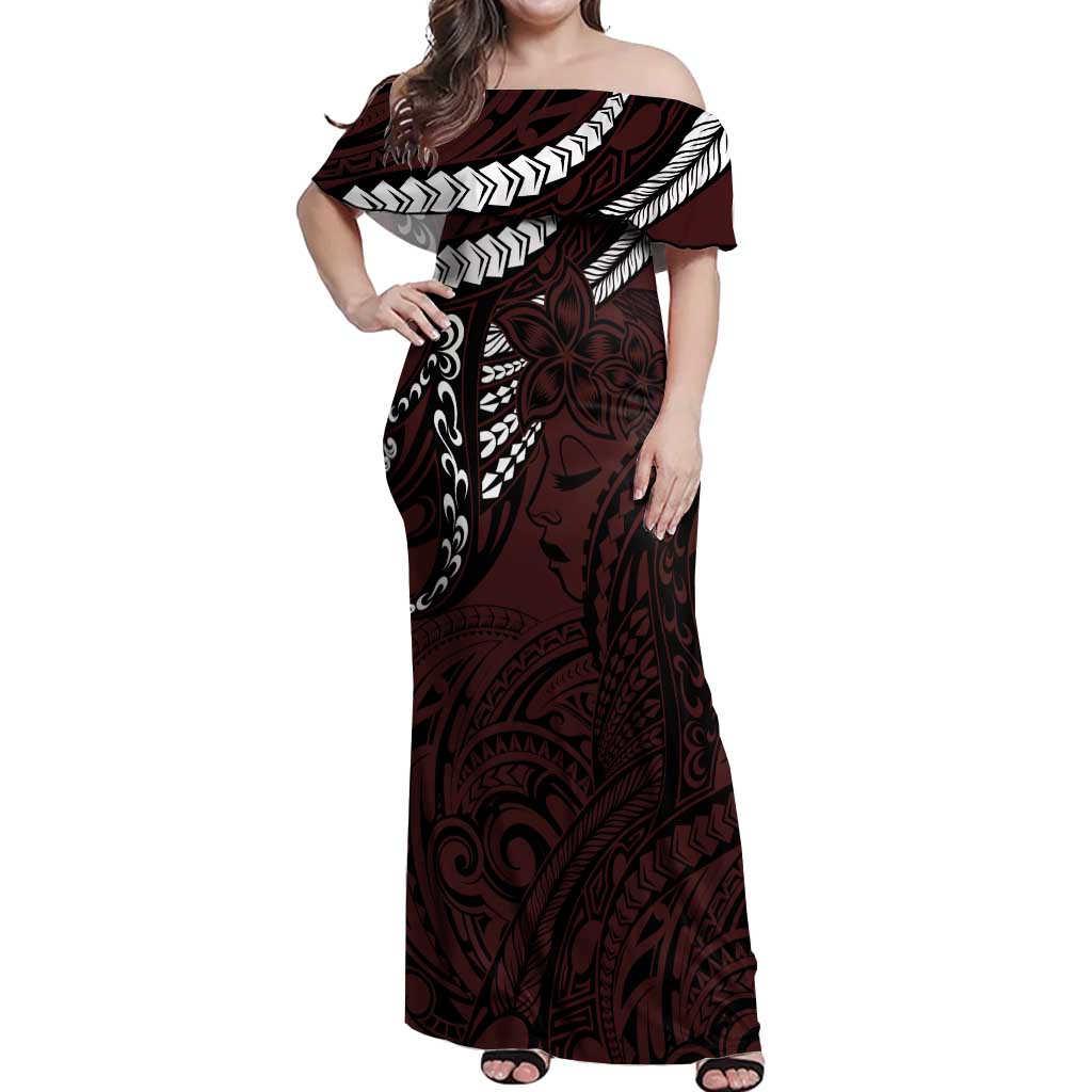 Polynesian Girl Tribal Tattoo Off Shoulder Maxi Dress Oxbood Vibe LT9 Women Oxblood - Polynesian Pride