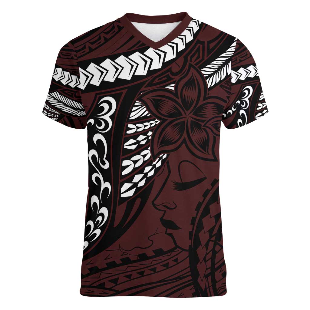 Polynesian Girl Tribal Tattoo Women V-Neck T-Shirt Oxbood Vibe LT9 Female Oxblood - Polynesian Pride