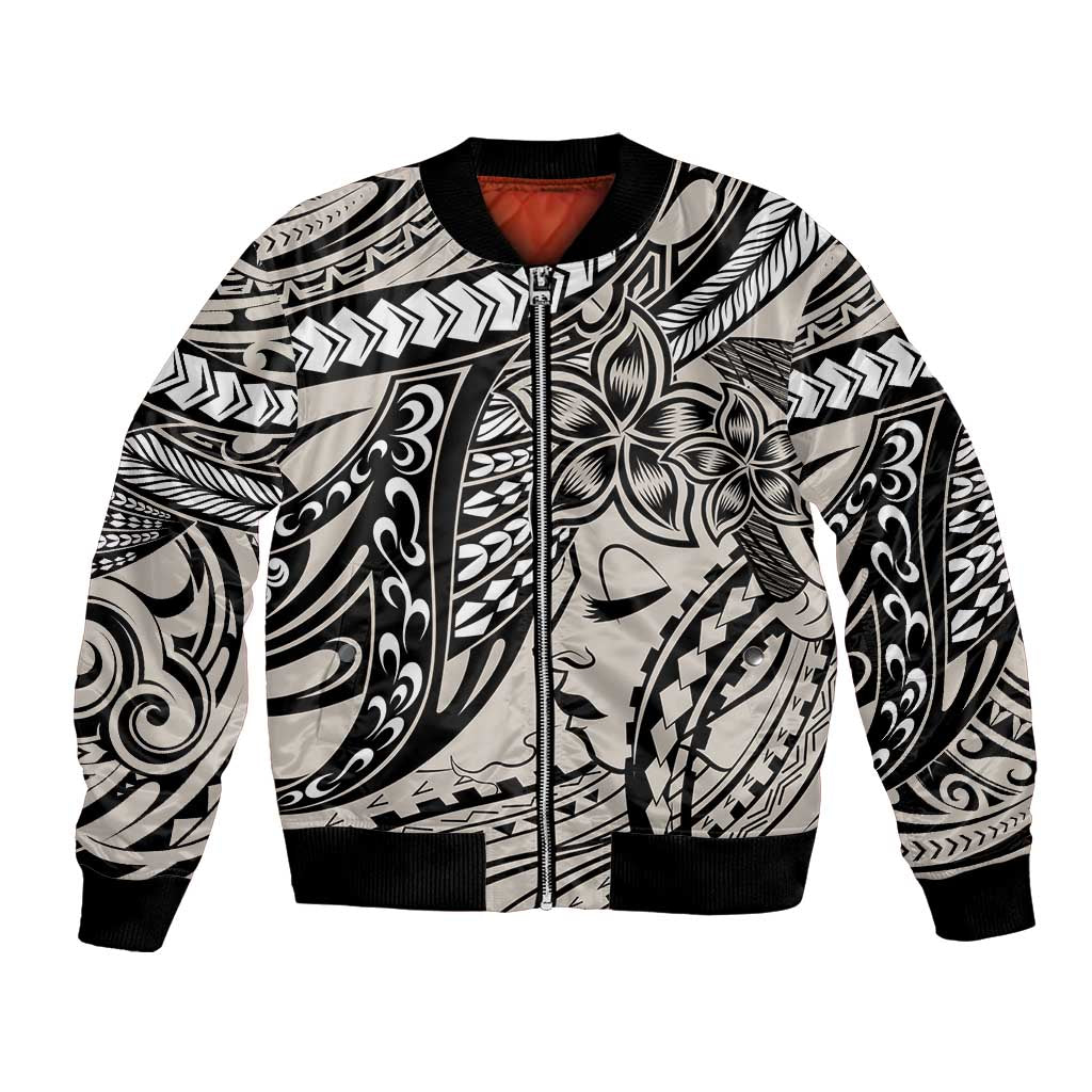 Polynesian Girl Tribal Tattoo Bomber Jacket Beige Vibe