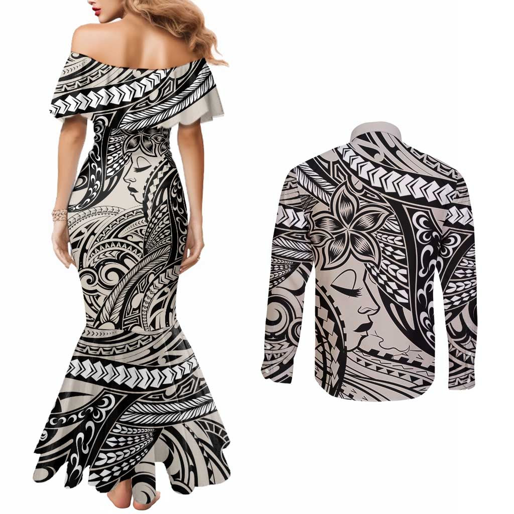 Polynesian Girl Tribal Tattoo Couples Matching Mermaid Dress and Long Sleeve Button Shirt Beige Vibe LT9 - Polynesian Pride