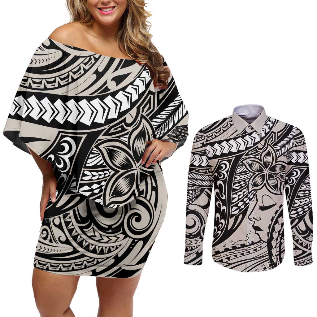 Polynesian Girl Tribal Tattoo Couples Matching Off Shoulder Short Dress and Long Sleeve Button Shirt Beige Vibe LT9 Beige - Polynesian Pride