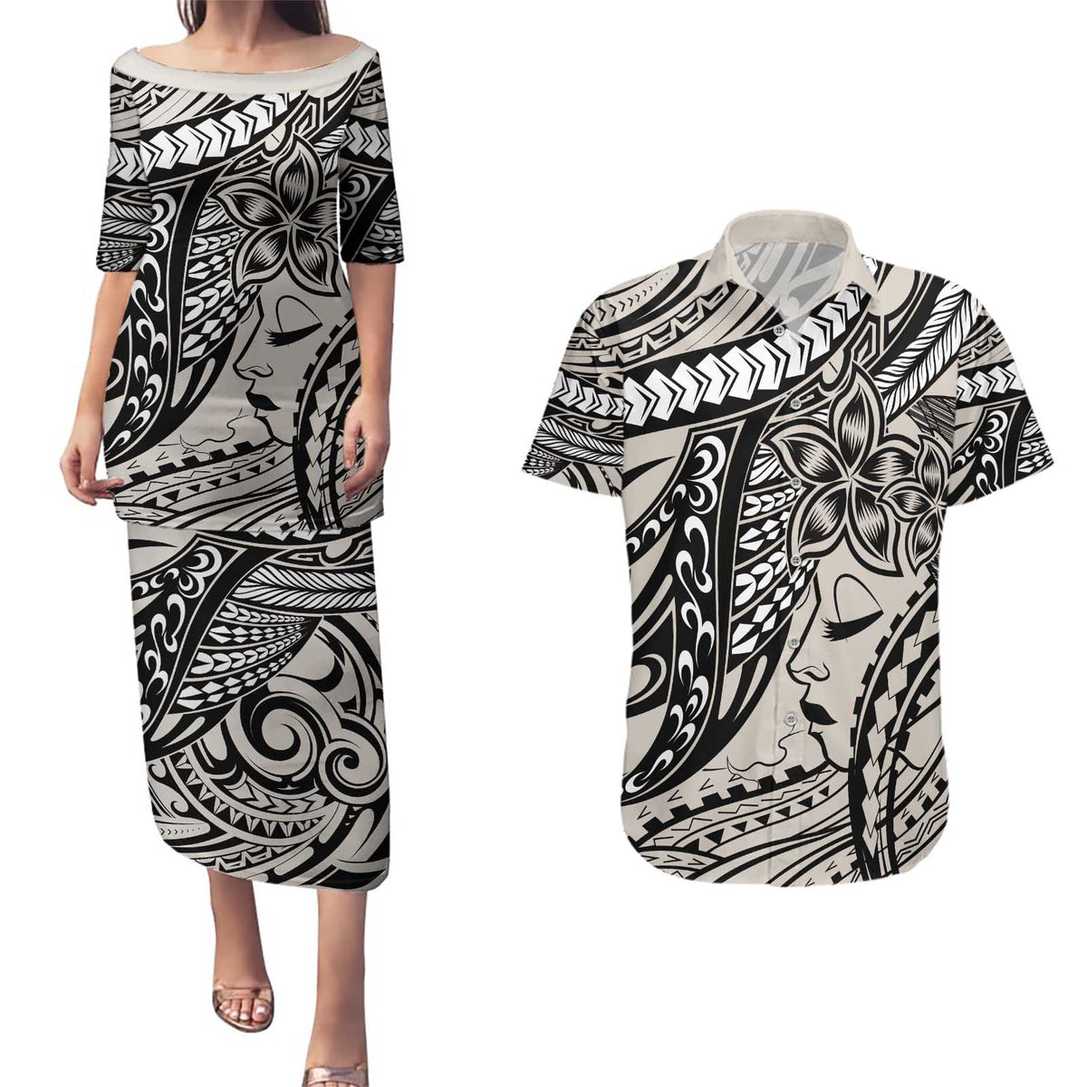 Polynesian Girl Tribal Tattoo Couples Matching Puletasi and Hawaiian Shirt Beige Vibe LT9 Beige - Polynesian Pride