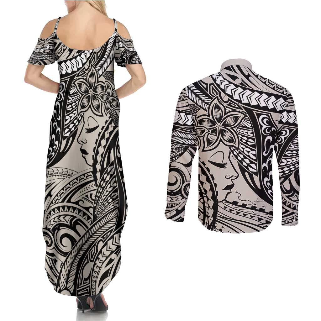 Polynesian Girl Tribal Tattoo Couples Matching Summer Maxi Dress and Long Sleeve Button Shirt Beige Vibe LT9 - Polynesian Pride