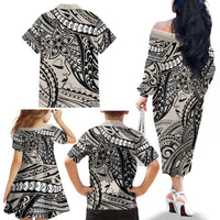 Polynesian Girl Tribal Tattoo Family Matching Off The Shoulder Long Sleeve Dress and Hawaiian Shirt Beige Vibe