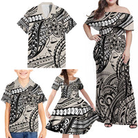 Polynesian Girl Tribal Tattoo Family Matching Off Shoulder Maxi Dress and Hawaiian Shirt Beige Vibe LT9 - Polynesian Pride