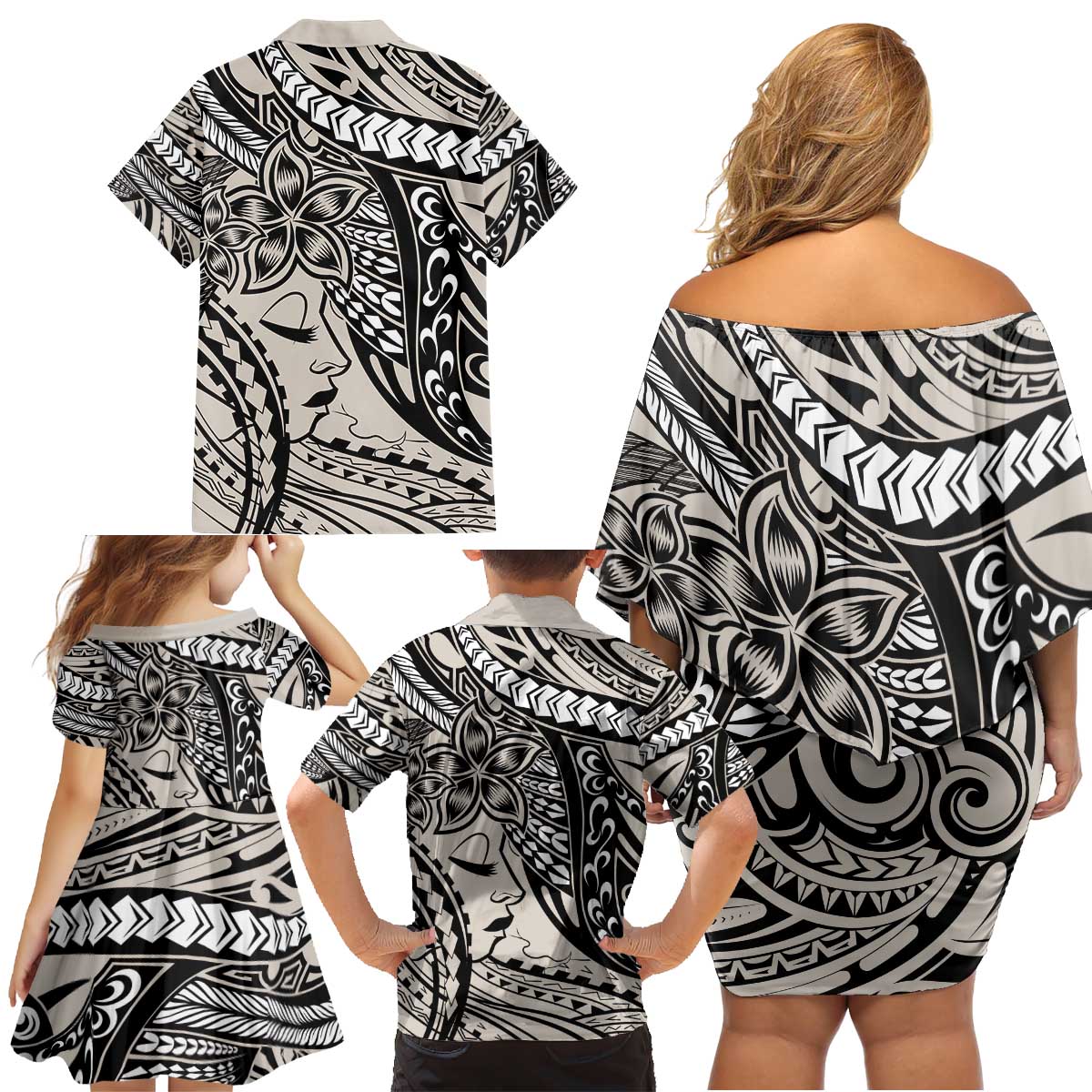 Polynesian Girl Tribal Tattoo Family Matching Off Shoulder Short Dress and Hawaiian Shirt Beige Vibe LT9 - Polynesian Pride
