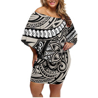 Polynesian Girl Tribal Tattoo Family Matching Off Shoulder Short Dress and Hawaiian Shirt Beige Vibe LT9 Mom's Dress Beige - Polynesian Pride